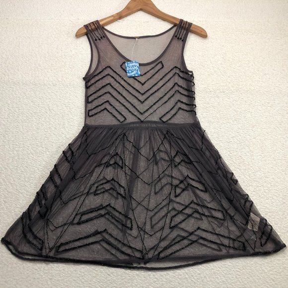 Free People Dresses & Skirts - Free People Mini Slip Dress Sheer Scoop Full Beaded Sz XS Charcoal New With Tags